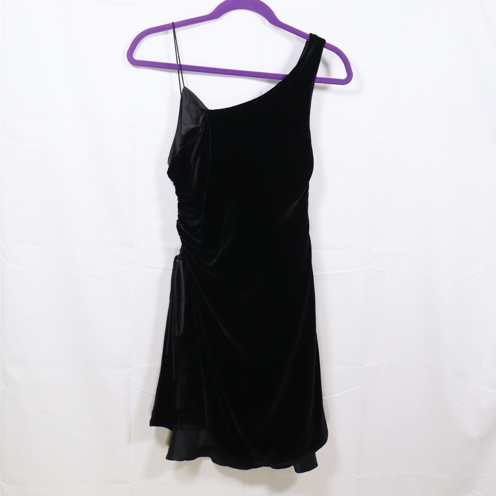 Cinq a Sept Ruby Arnold Velvet Dress 4 Black Womens One Shoulder Ruched Mini